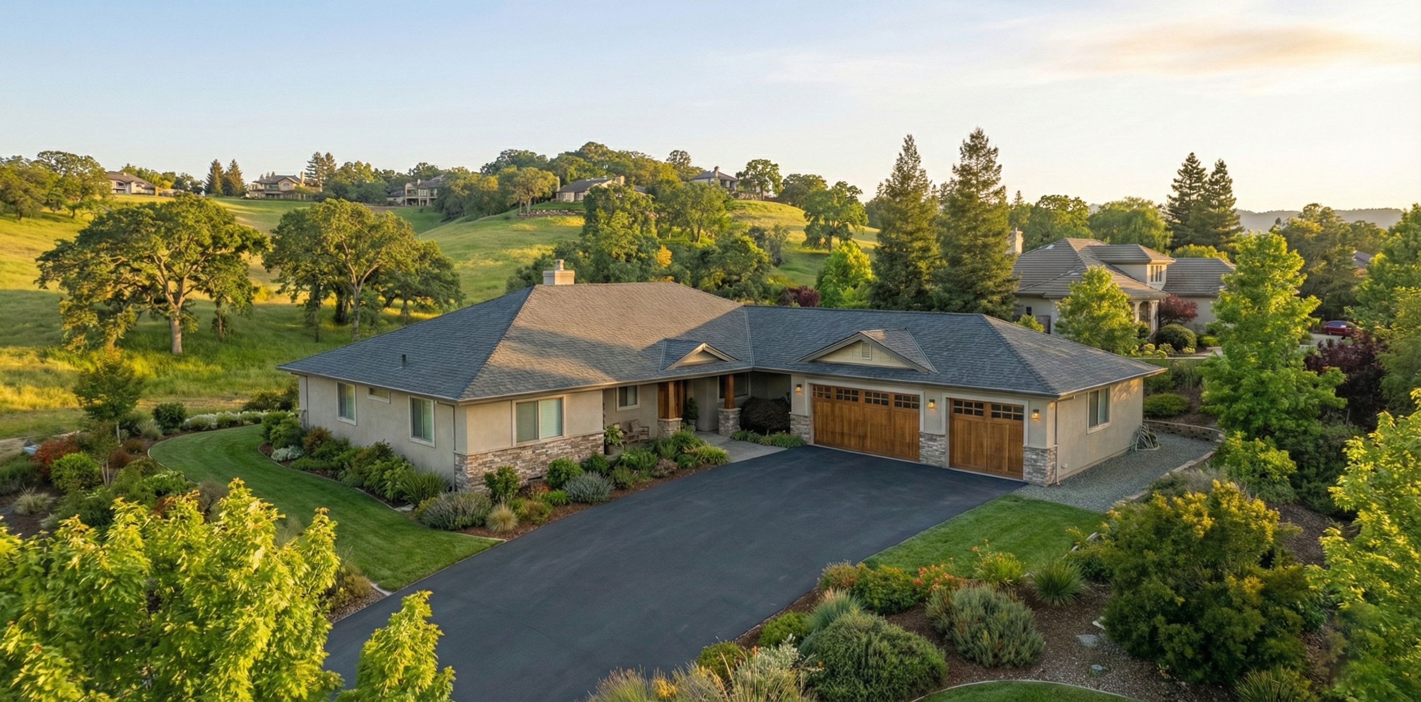 Beautiful Bay Area home at sunset after a complete roof replacement by Affordable Roofing Systems